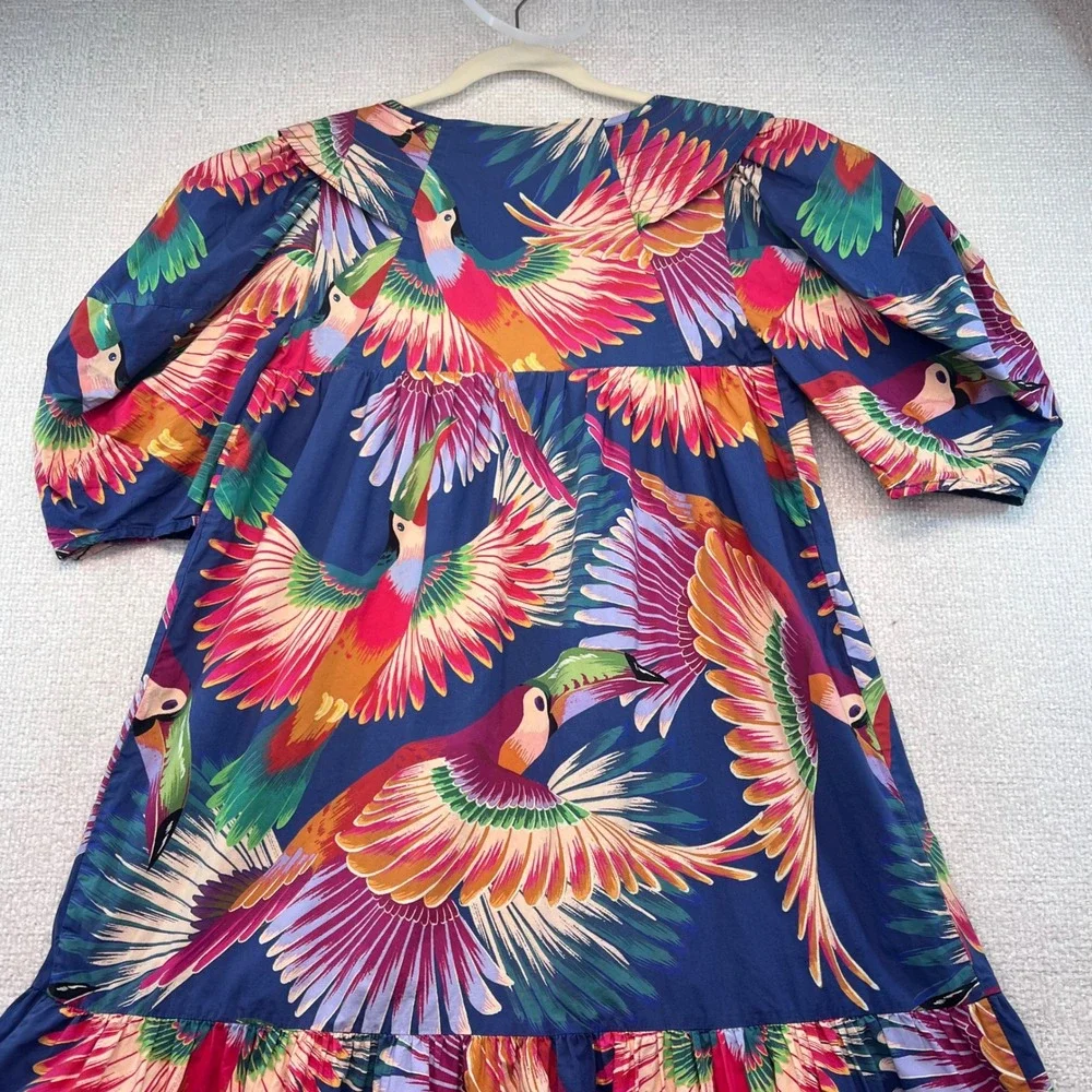 FARM Rio Parrot Print Dress Puff Sleeve Tiered Hem Tropical‎ Multicolor Small - Picture 9 of 13